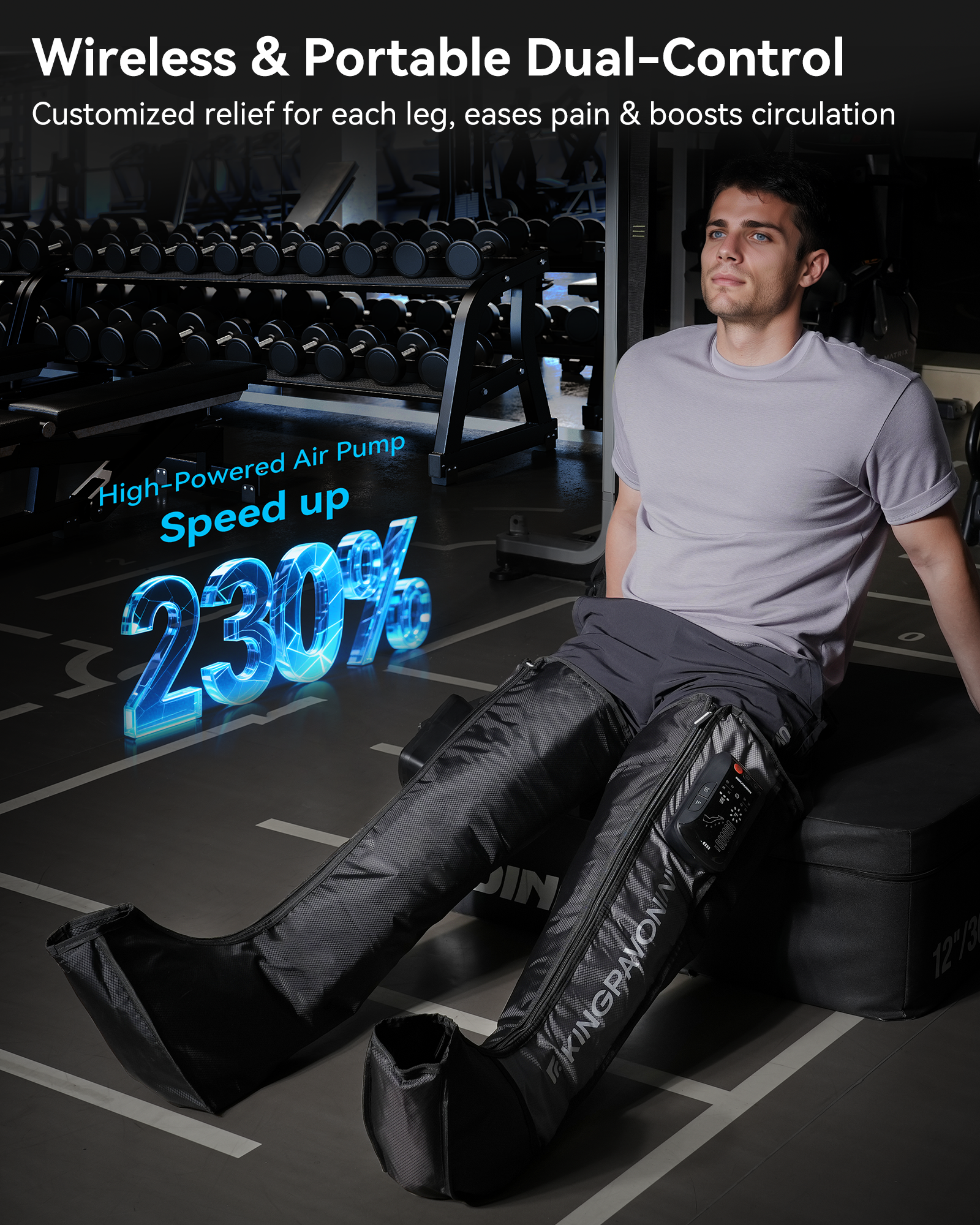 KingPavonini Cordless Leg Compression Massager with 5 Overlapping Chambers & 3 Foot Heat, 4500mAh Leg Massager for Circulation and Pain Relief, Dynamic Pressure Recovery Boots for Athletes, FE-7204B