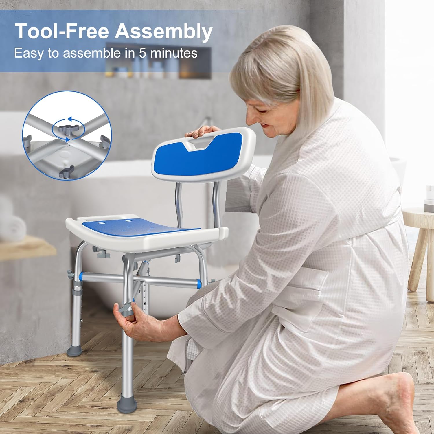 KingPavonini Heavy Duty Shower Chair, Height Adjustable Bath Seat with EVA Pad, Anti-Slip Tool-Free Assembly