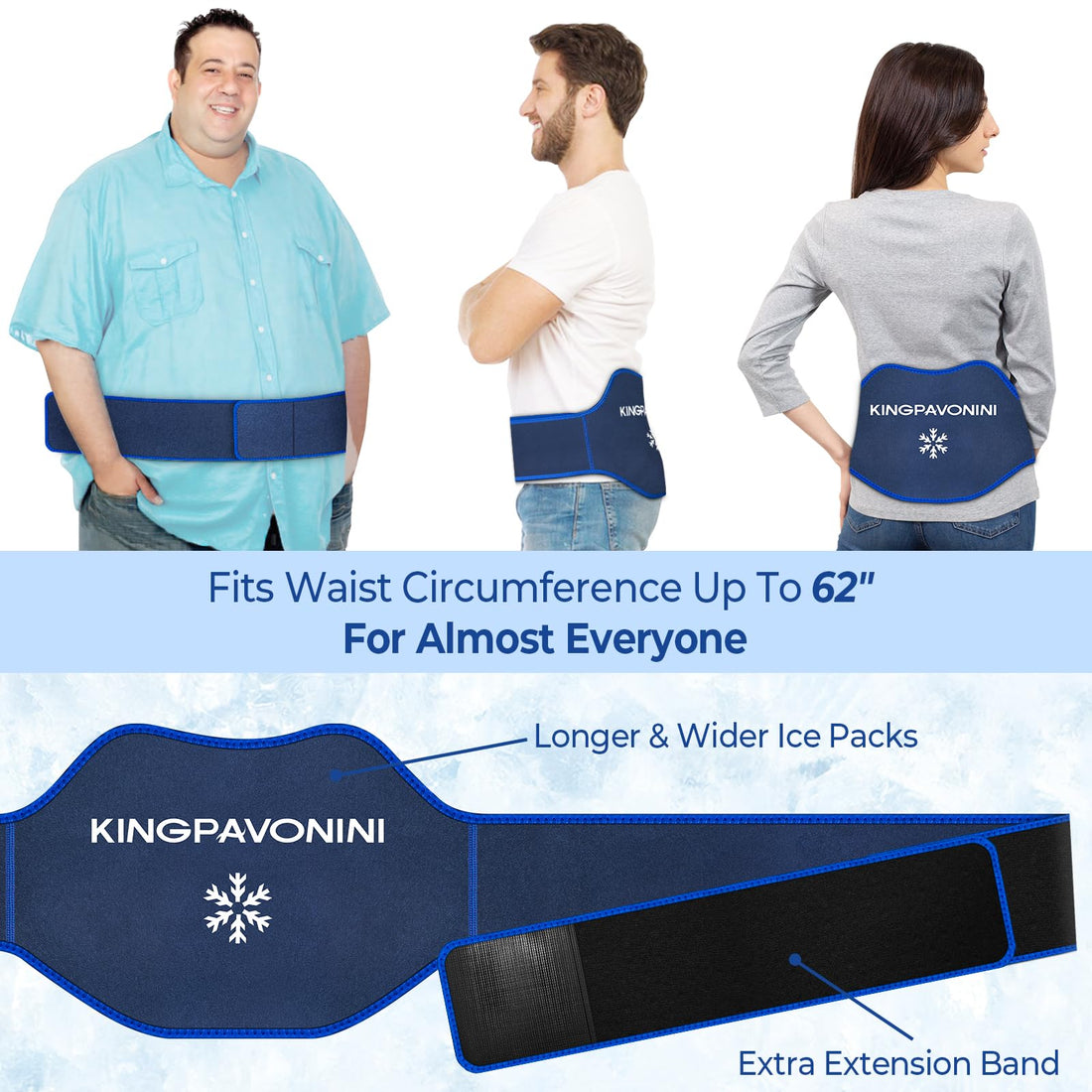 KingPavonini XL Ice Pack for Back Pain Relief with Extension Strap, 2 Pack Reusable Lower Back Gel Ice Pack Wrap for Cold/Hot Therapy