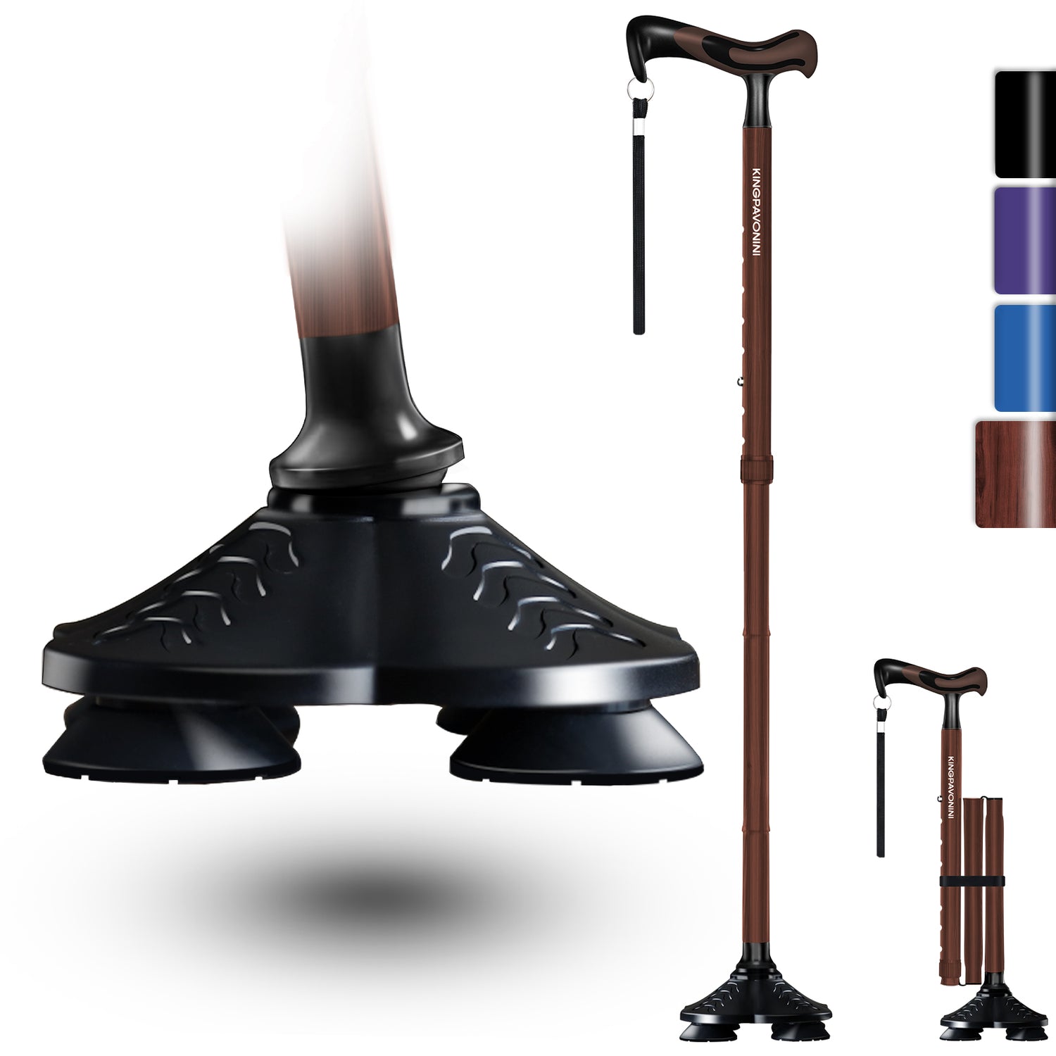KingPavonini Walking Cane for Men Women Stability, Free Standing Foldable Cane, Ergonomic Handle Pivoting Quad Base, Heavy Duty 350 LBs, Adjustable Walking Canes for Seniors Balance with Travel Bag