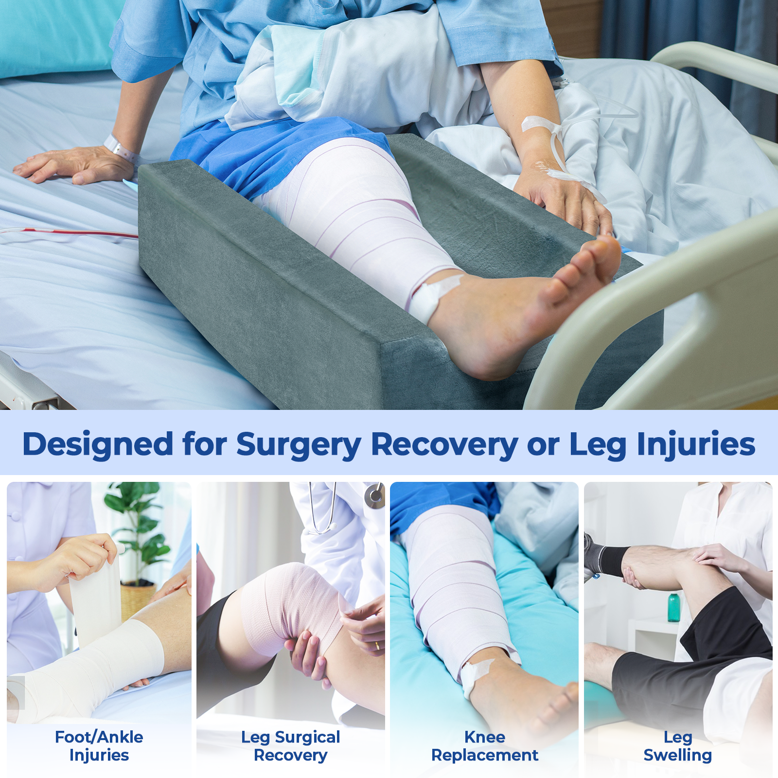 KingPavonini 4-Height Adjustable Leg Elevation Pillows for After Surgery with Ergonomic Curve, Memory Foam Wedge Pillow for Legs Swelling and Pain Relief, Knee Replacement Recovery Aids (Single Leg)