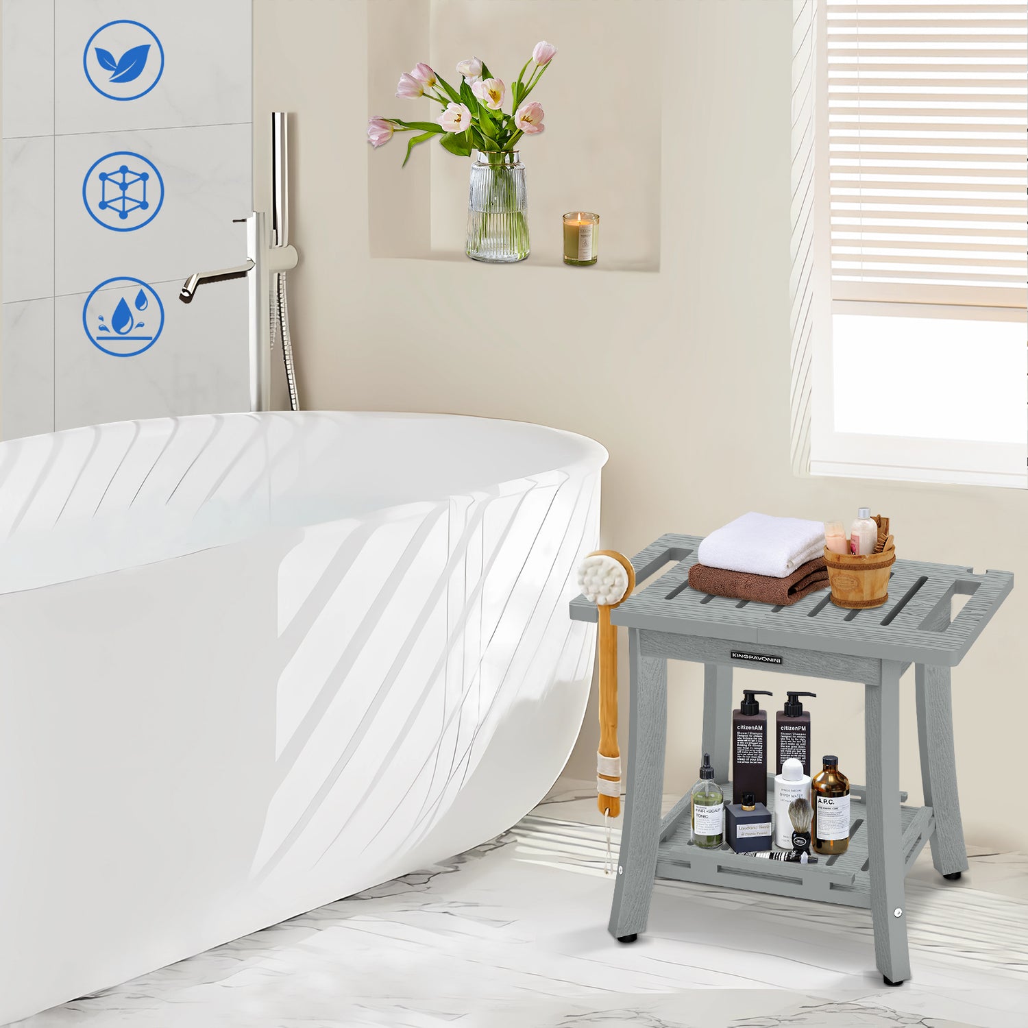 KingPavonini HDPS Shower Benches for Inside Shower to Sit on, Waterproof Shower Stool for Shaving Legs, Heavy Duty 400LBS Shower Seat with Storage Shelf, Shower Chair for Bathroom/Indoor/Outdoor Use