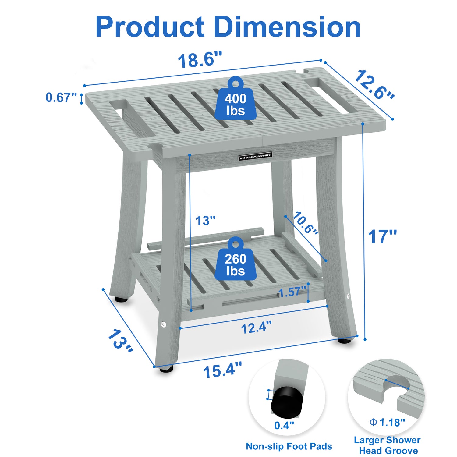 KingPavonini HDPS Shower Benches for Inside Shower to Sit on, Waterproof Shower Stool for Shaving Legs, Heavy Duty 400LBS Shower Seat with Storage Shelf, Shower Chair for Bathroom/Indoor/Outdoor Use