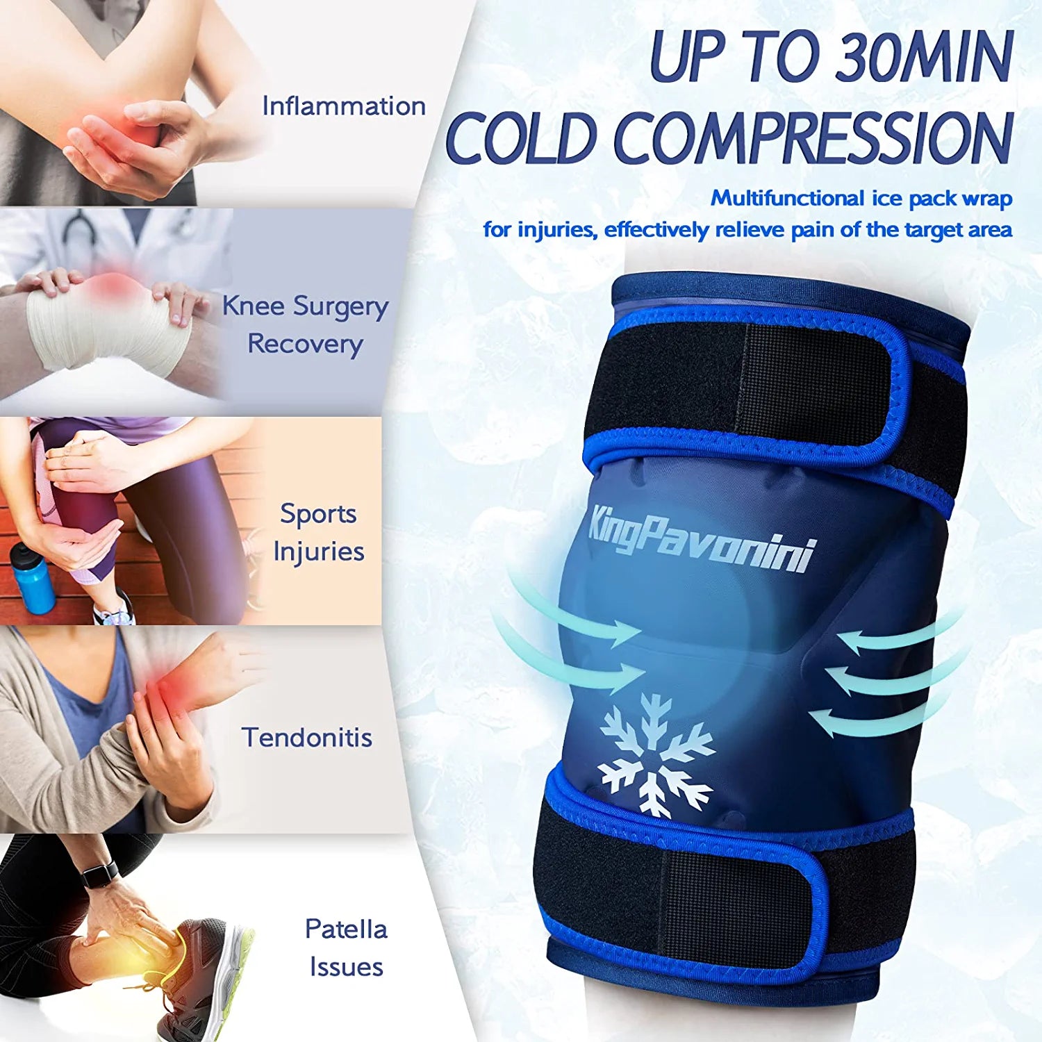 KingPavonini XXL Ice Pack Wrap Around Entire Knee After Surgery, Reusable Gel Large Ice Pack for Knee Injuries, Pain Relief, Swelling, Knee Surgery, Sports Injuries, 1 Pack Blue