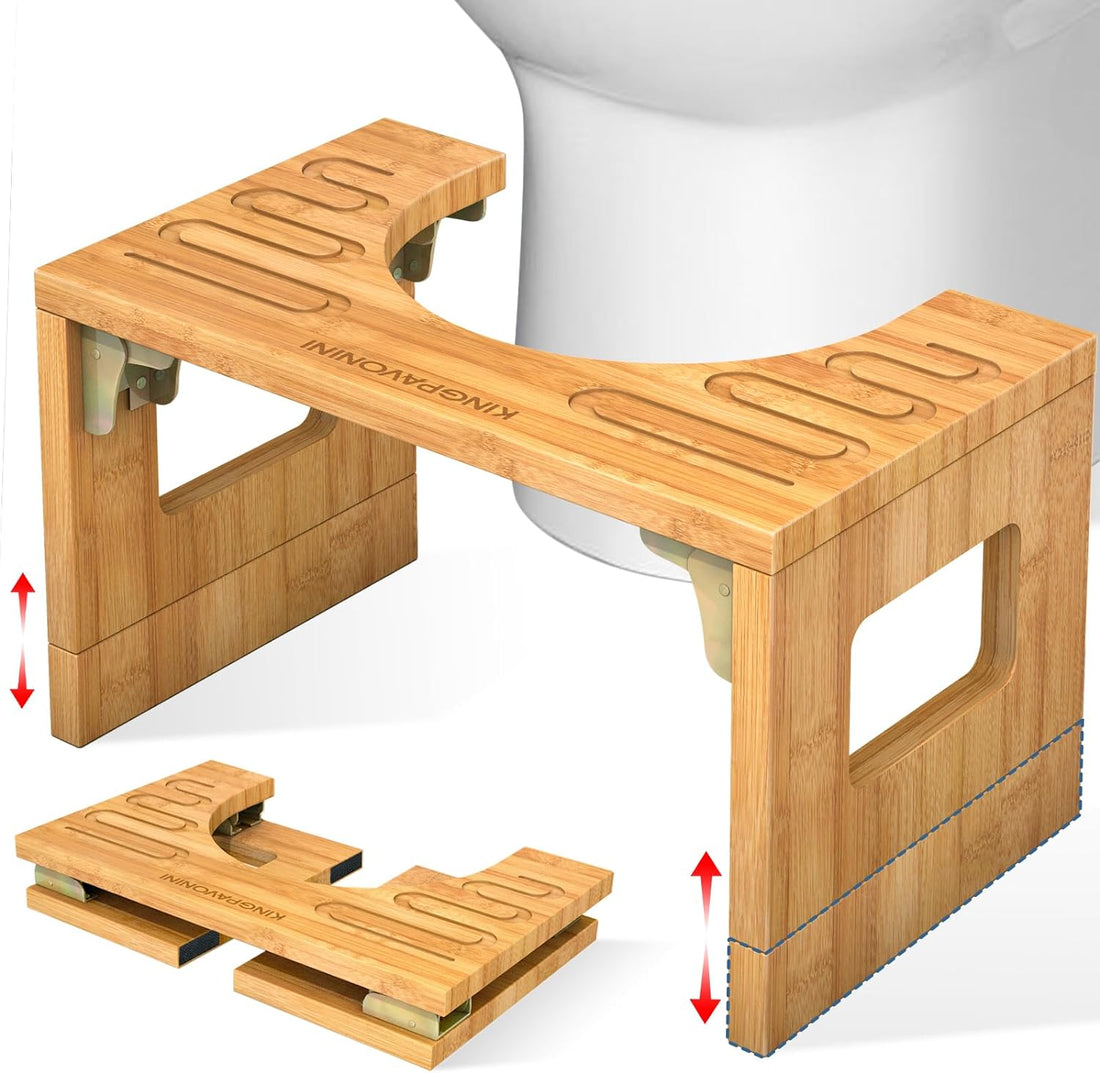 KingPavonini® Bamboo Toilet Stool Squat 7in &amp; 9in Adjustable Heights, 400 lbs Capacity
