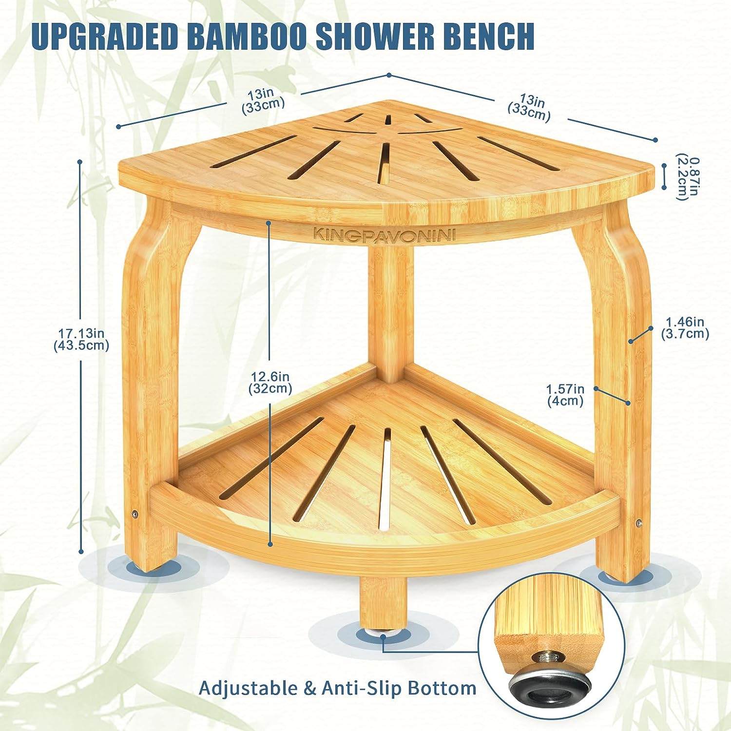 KingPavonini® Bamboo Corner Shower Stool for Shaving Legs Foot Rest,Hold Up to 450Lbs(Bamboo)