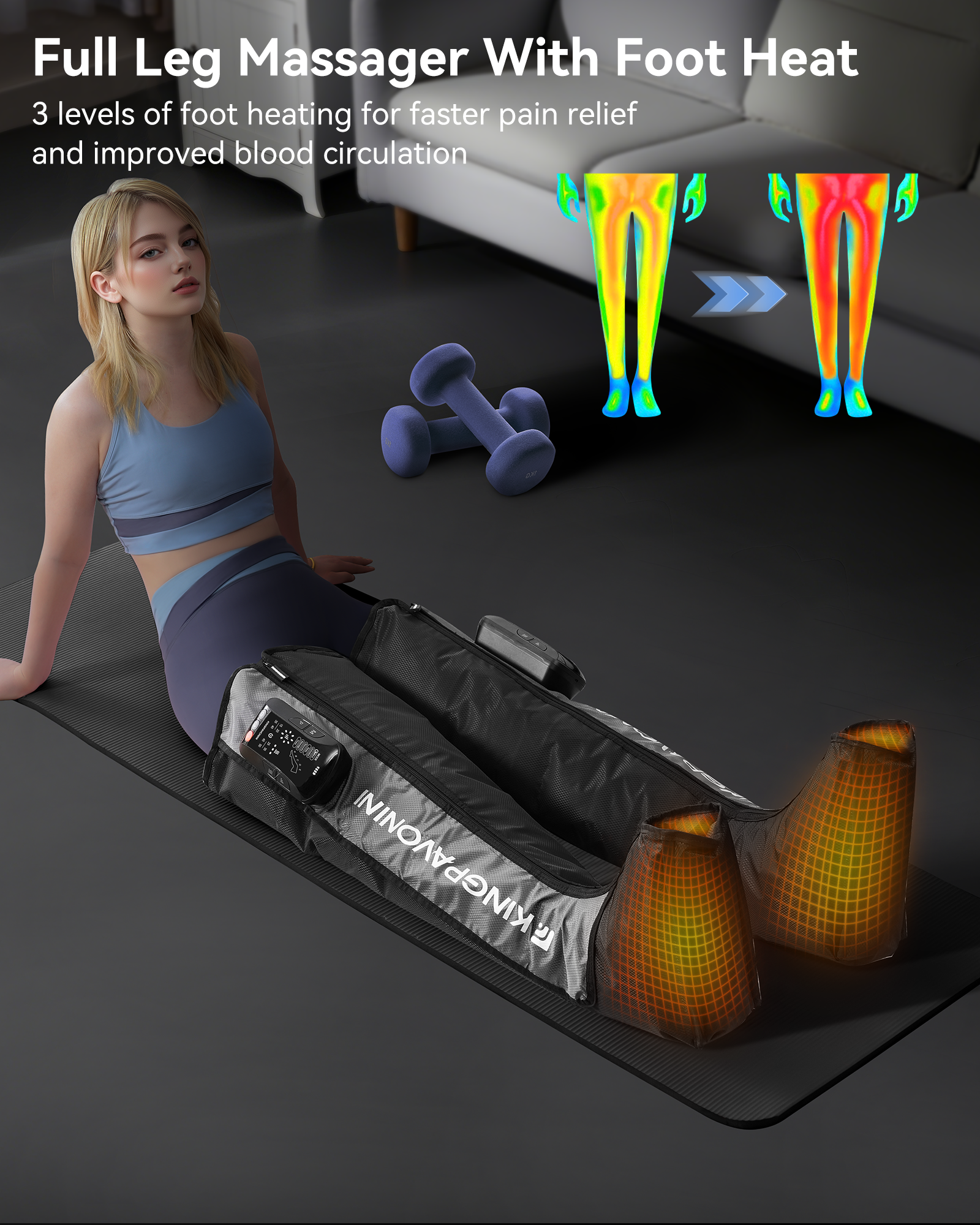 KingPavonini Cordless Leg Compression Massager with 5 Overlapping Chambers &amp; 3 Foot Heat, 4500mAh Leg Massager for Circulation and Pain Relief, Dynamic Pressure Recovery Boots for Athletes, FE-7204B
