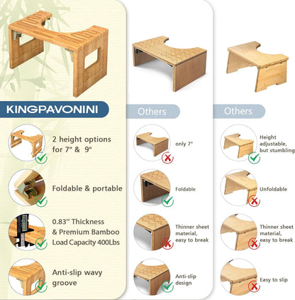 KingPavonini® Bamboo Toilet Stool Squat 7in &amp; 9in Adjustable Heights, 400 lbs Capacity