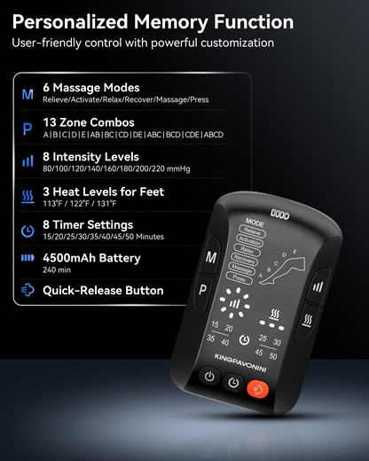 KingPavonini Cordless Leg Compression Massager with 5 Overlapping Chambers &amp; 3 Foot Heat, 4500mAh Leg Massager for Circulation and Pain Relief, Dynamic Pressure Recovery Boots for Athletes, FE-7204B