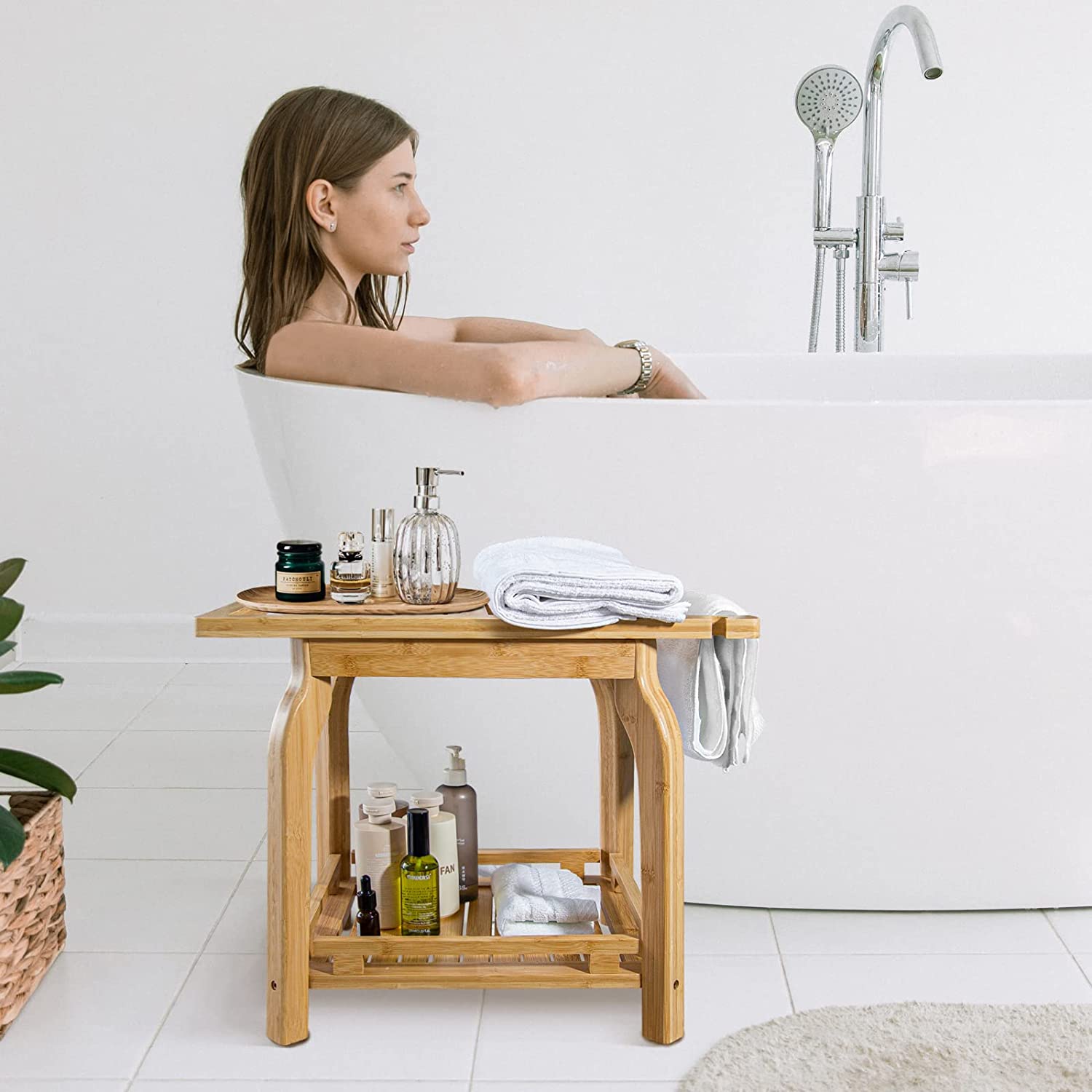 KingPavonini® 2-Tier Bamboo Shower Bench for Inside Shower Shaving Legs