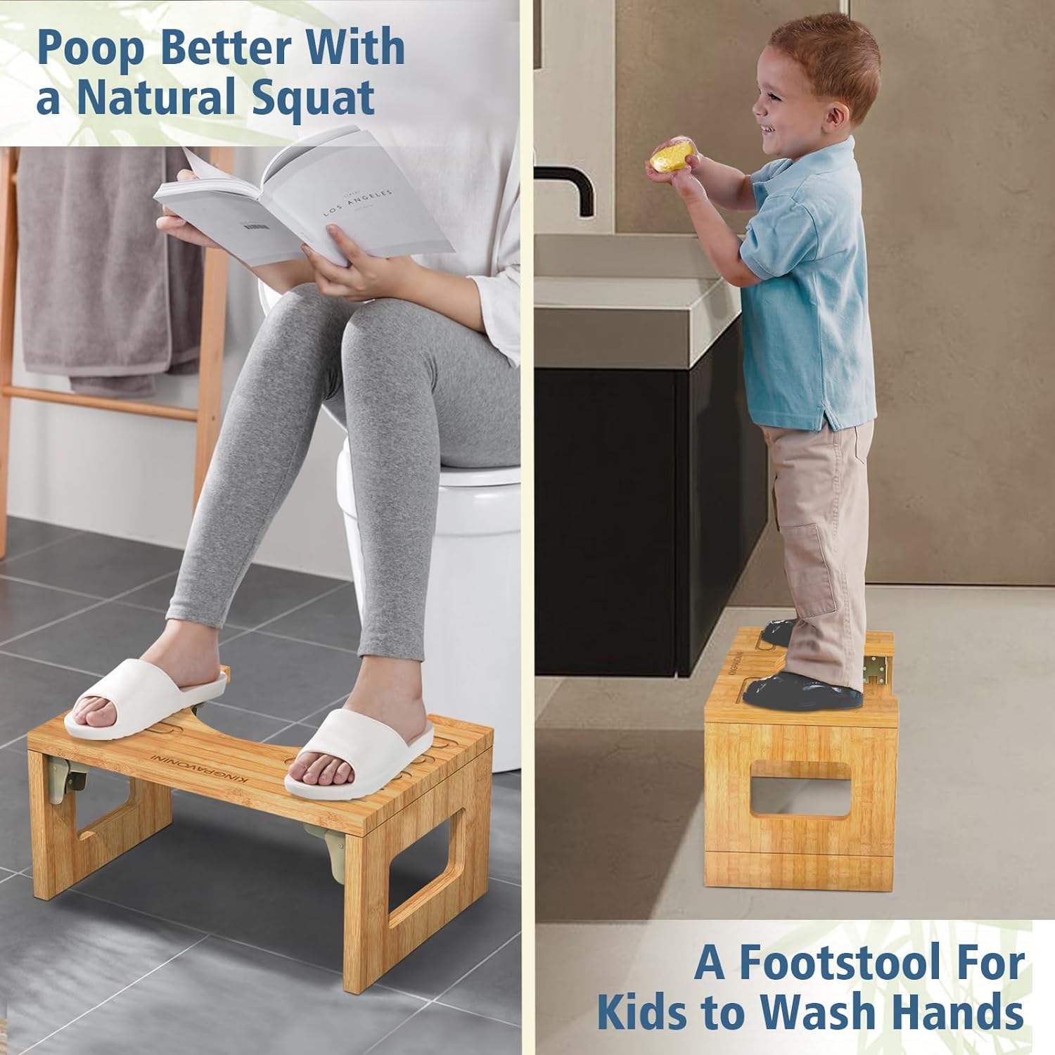 KingPavonini® Bamboo Toilet Stool Squat 7in &amp; 9in Adjustable Heights, 400 lbs Capacity