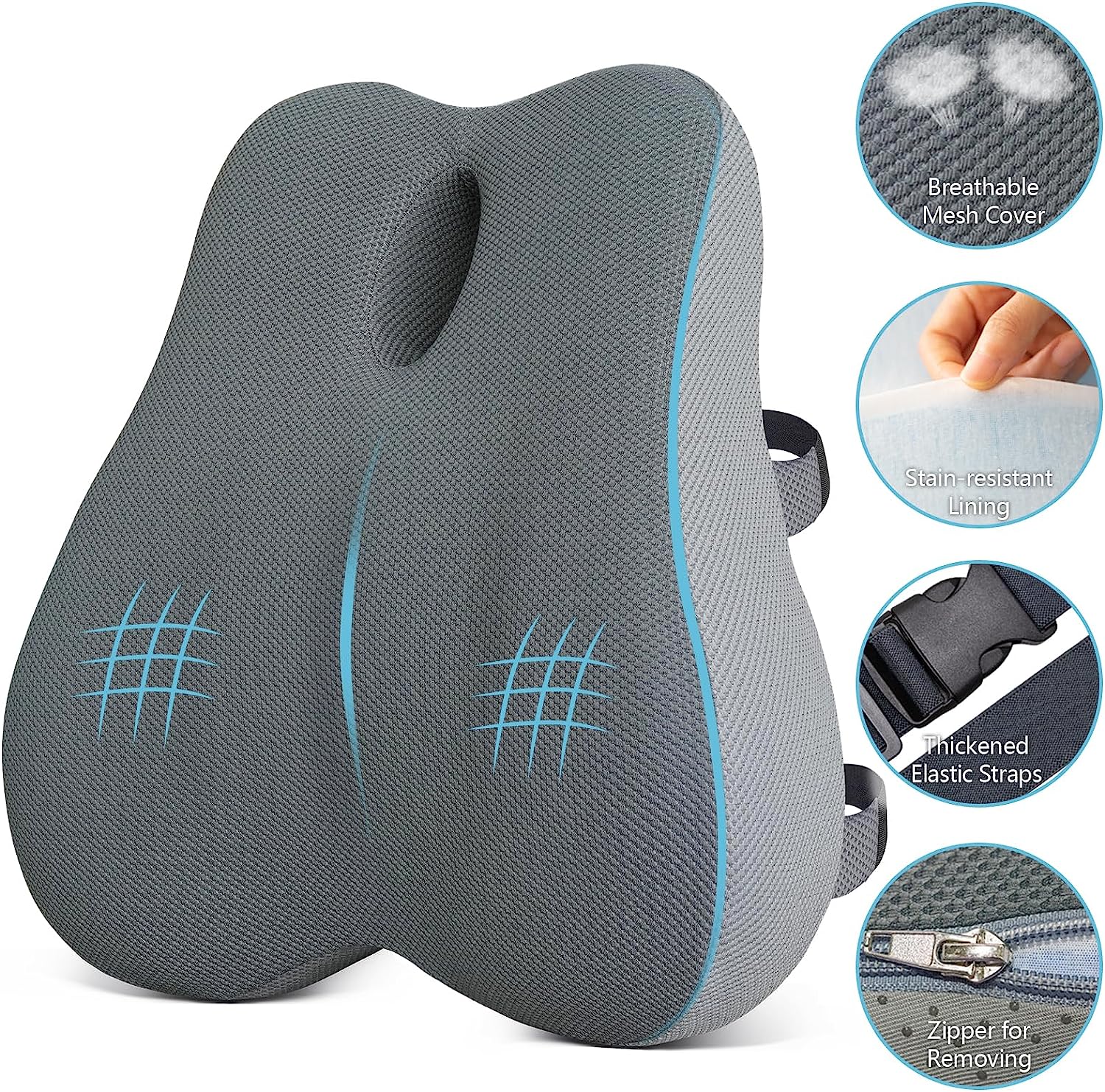 KingPavonini Memory Foam Seat Cushion & Lumbar Support Pillow for Office Chair Car Wheelchair 3 Piece Chair Cushion Set with Adjustable Straps for