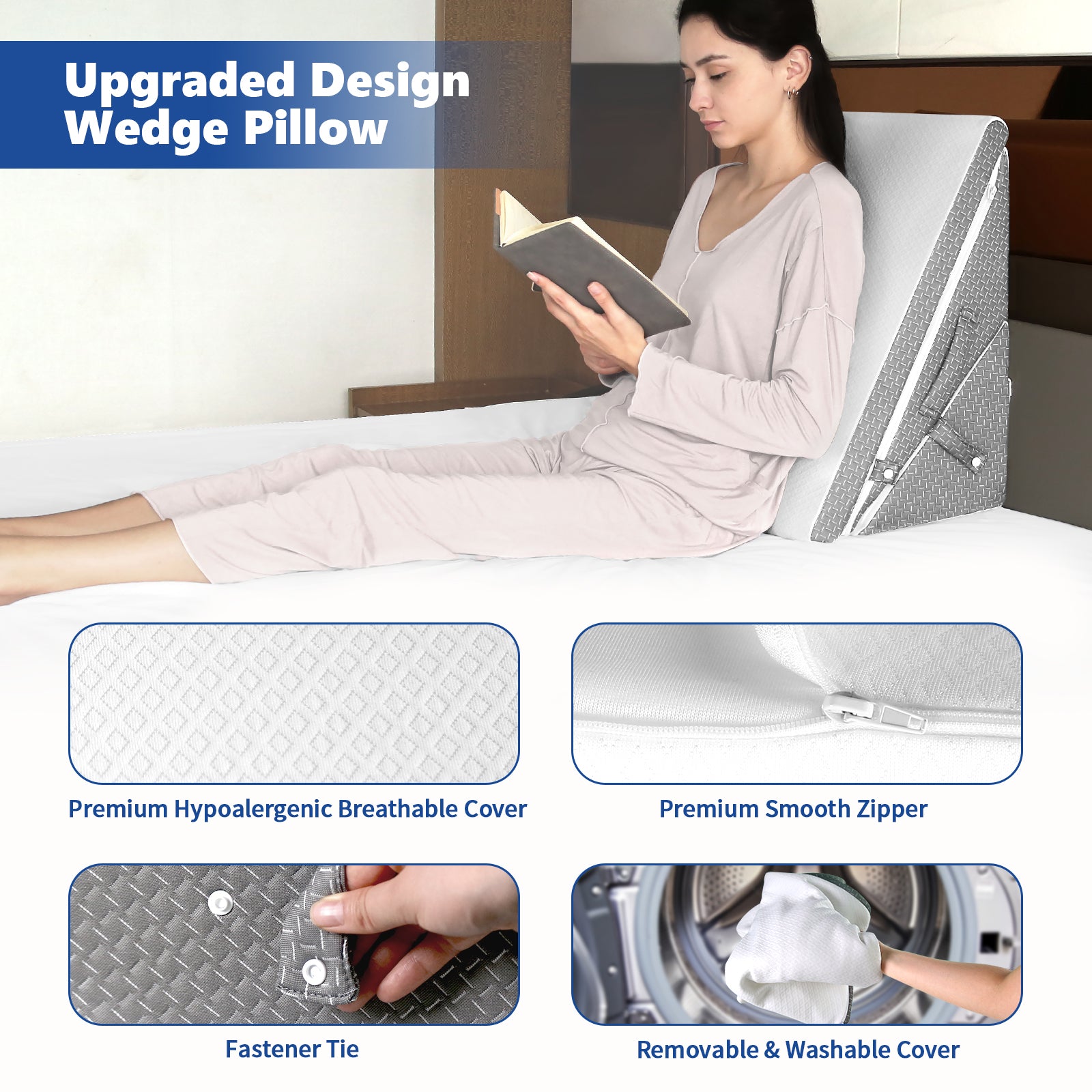 Bed Wedge Pillow for Sleeping, 7.5 &amp; 9 &amp; 11 &amp; 12 Inch Adjustable Memory Foam Triangle Wedge Pillow Post Surgery for Back, Legs and Knee Support, Acid Reflux, Gerd, Heartburn and Snoring