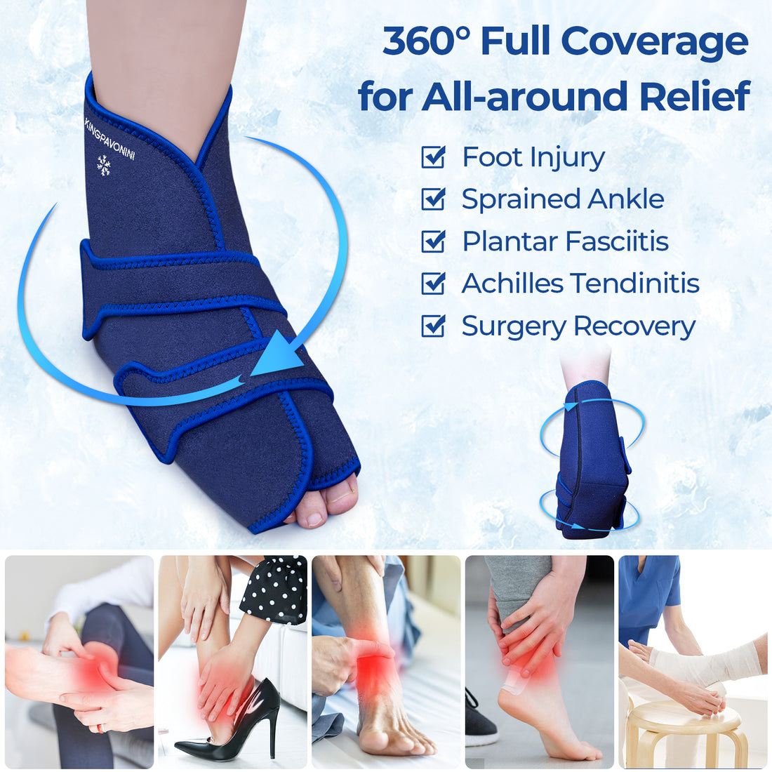 KingPavonini Ankle Foot Ice Pack Wrap for Sprained Ankle and Surgery Recovery, Reusable Gel Ice Packs for Feet Injuries, Plantar Fasciitis, Achilles Tendonitis, Hot/Cold Therapy (1 Wrap+4 Gel Packs)