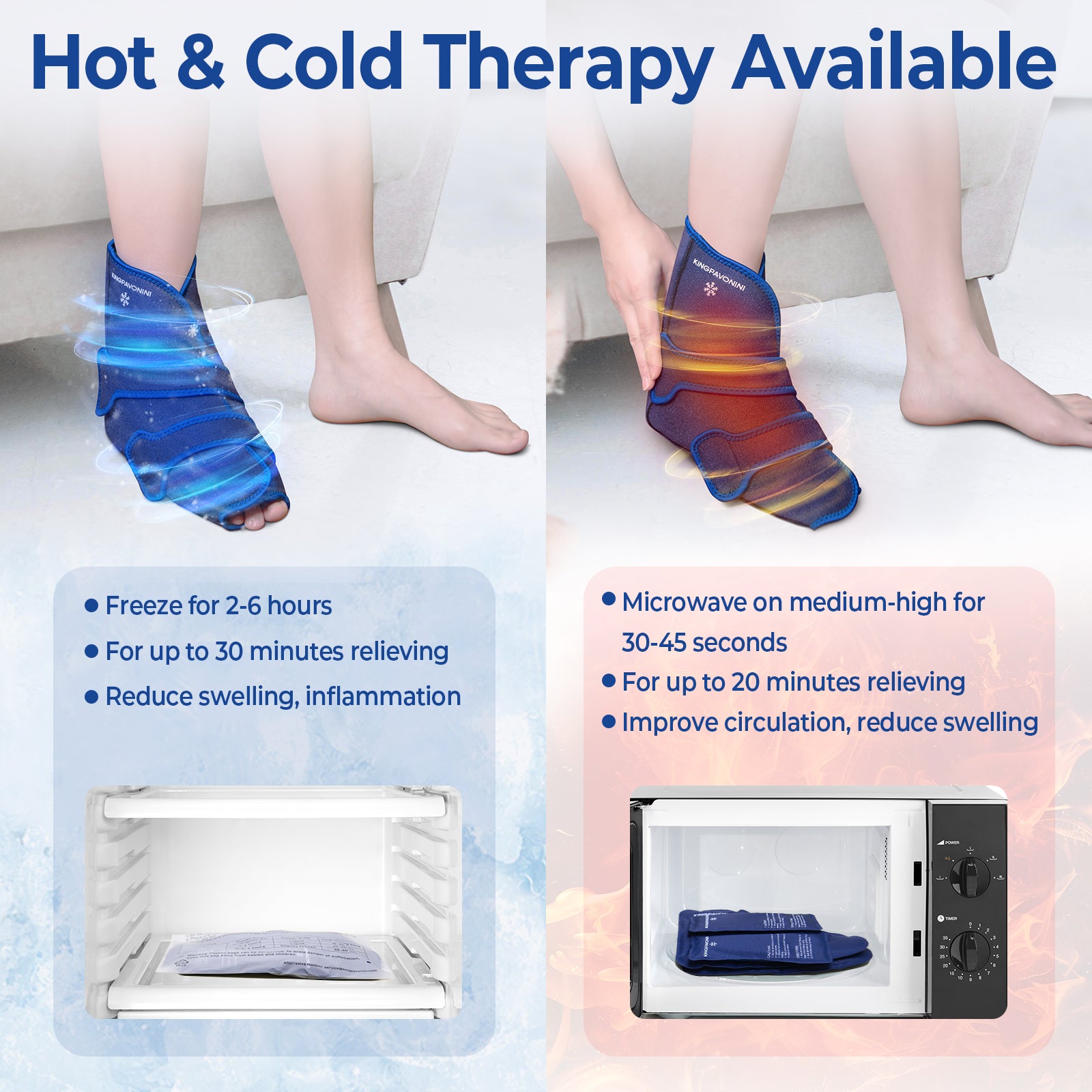 KingPavonini Ankle Foot Ice Pack Wrap for Sprained Ankle and Surgery Recovery, Reusable Gel Ice Packs for Feet Injuries, Plantar Fasciitis, Achilles Tendonitis, Hot/Cold Therapy (1 Wrap+4 Gel Packs)