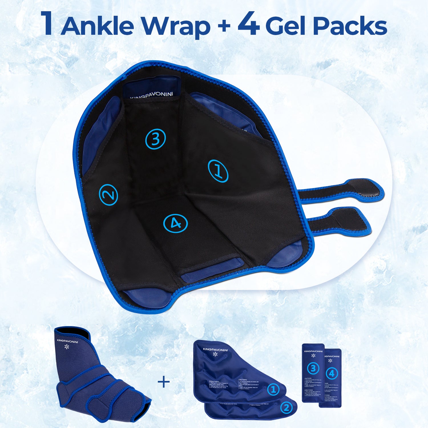 KingPavonini Ankle Foot Ice Pack Wrap for Sprained Ankle and Surgery Recovery, Reusable Gel Ice Packs for Feet Injuries, Plantar Fasciitis, Achilles Tendonitis, Hot/Cold Therapy (1 Wrap+4 Gel Packs)