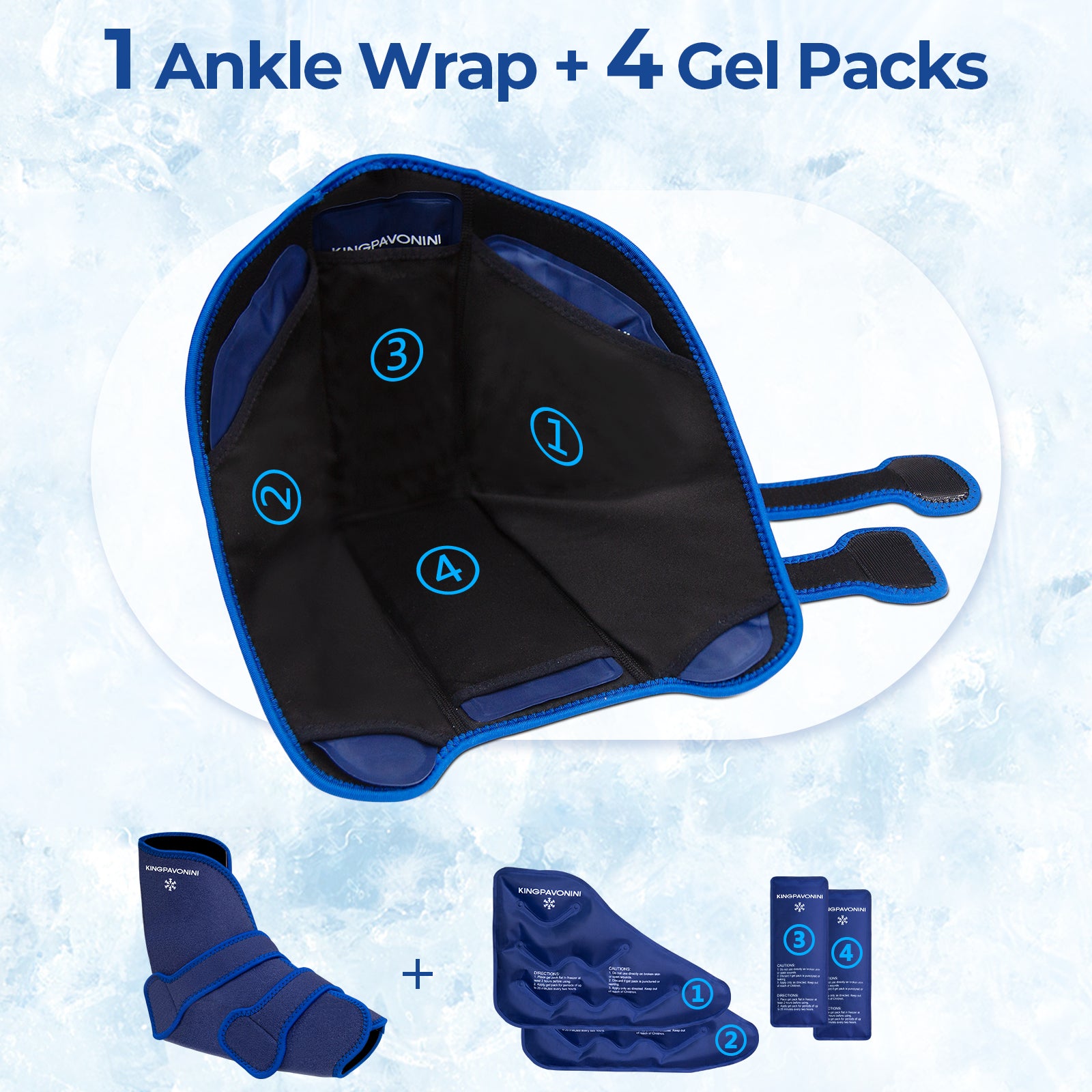 KingPavonini Ankle Foot Ice Pack Wrap for Sprained Ankle and Surgery Recovery, Reusable Gel Ice Packs for Feet Injuries, Plantar Fasciitis, Achilles Tendonitis, Hot/Cold Therapy (1 Wrap+4 Gel Packs)