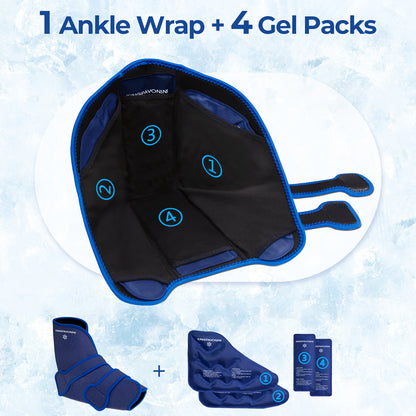 KingPavonini Ankle Foot Ice Pack Wrap for Sprained Ankle and Surgery Recovery, Reusable Gel Ice Packs for Feet Injuries, Plantar Fasciitis, Achilles Tendonitis, Hot/Cold Therapy (1 Wrap+4 Gel Packs)