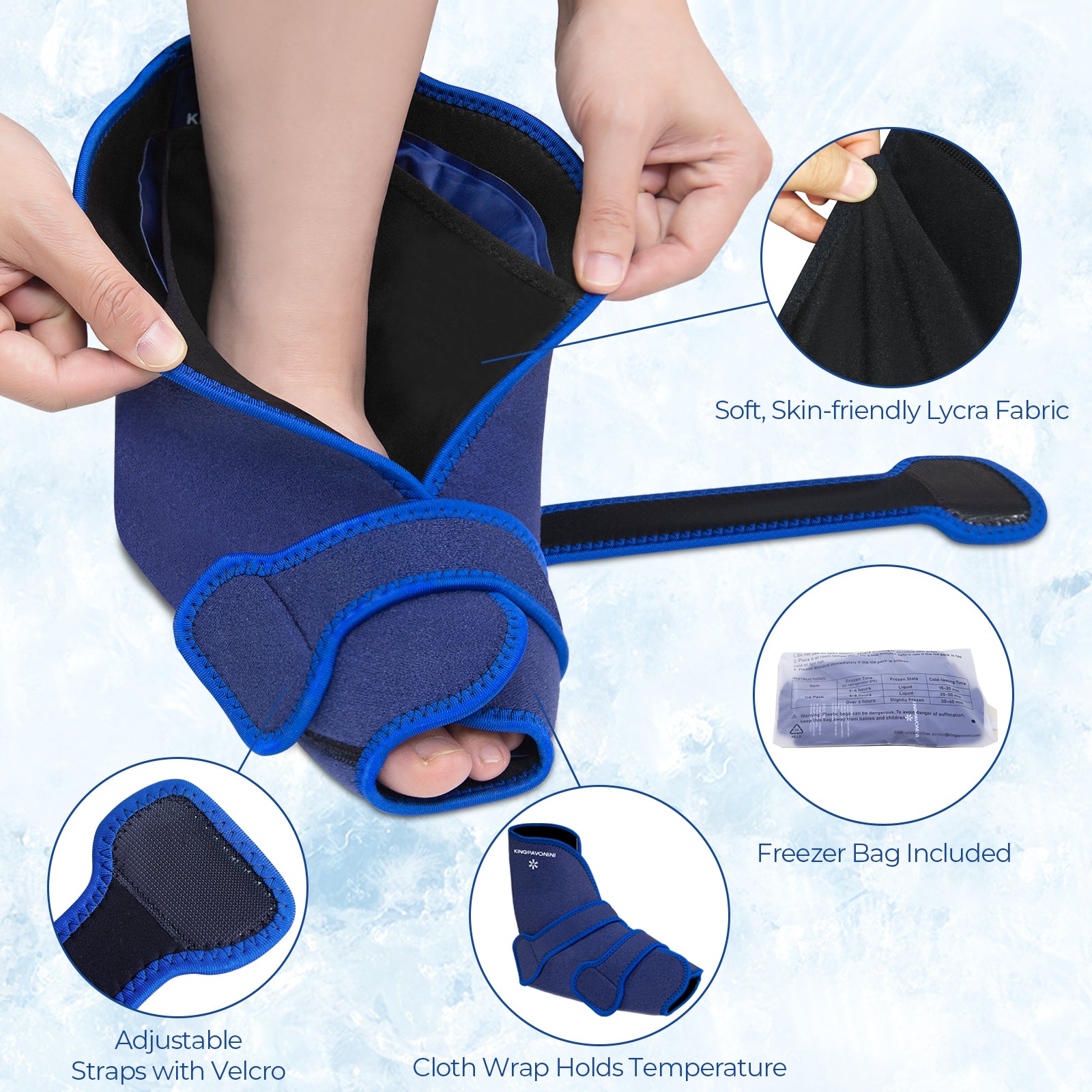 KingPavonini Ankle Foot Ice Pack Wrap for Sprained Ankle and Surgery Recovery, Reusable Gel Ice Packs for Feet Injuries, Plantar Fasciitis, Achilles Tendonitis, Hot/Cold Therapy (1 Wrap+4 Gel Packs)