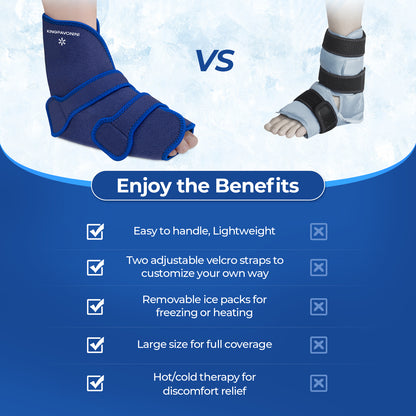 KingPavonini Ankle Foot Ice Pack Wrap for Sprained Ankle and Surgery Recovery, Reusable Gel Ice Packs for Feet Injuries, Plantar Fasciitis, Achilles Tendonitis, Hot/Cold Therapy (1 Wrap+4 Gel Packs)