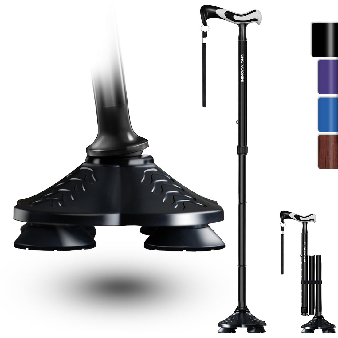 KingPavonini Walking Cane for Men Women Stability, Free Standing Foldable Cane, Ergonomic Handle Pivoting Quad Base, Heavy Duty 350 LBs, Adjustable Walking Canes for Seniors Balance with Travel Bag