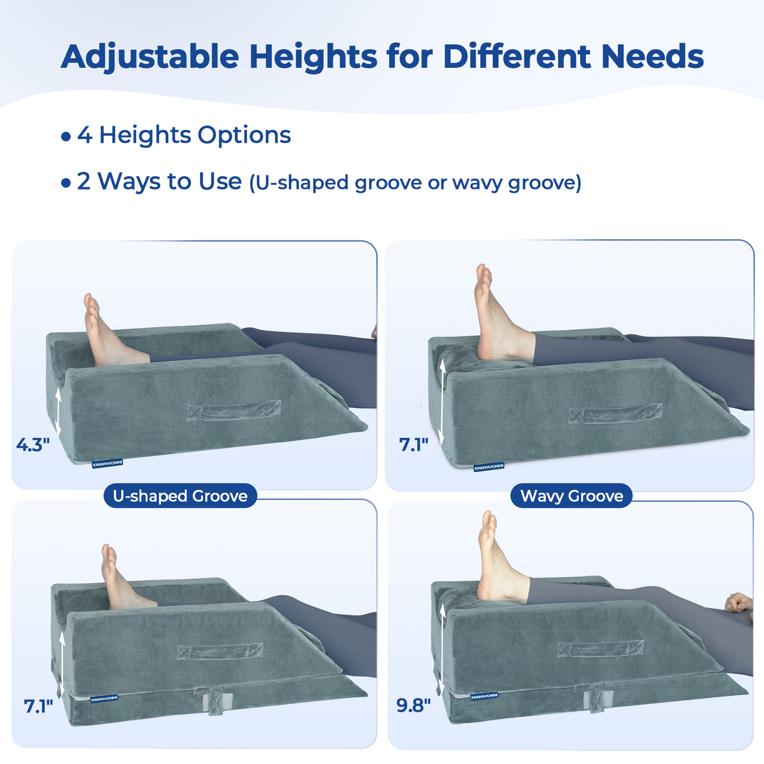 KingPavonini 4-Height Adjustable Leg Elevation Pillows for After Surgery with Ergonomic Curve, Memory Foam Wedge Pillow for Legs Swelling and Pain Relief, Knee Replacement Recovery Aids (Single Leg)