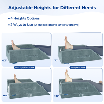 KingPavonini 4-Height Adjustable Leg Elevation Pillows for After Surgery with Ergonomic Curve, Memory Foam Wedge Pillow for Legs Swelling and Pain Relief, Knee Replacement Recovery Aids (Single Leg)