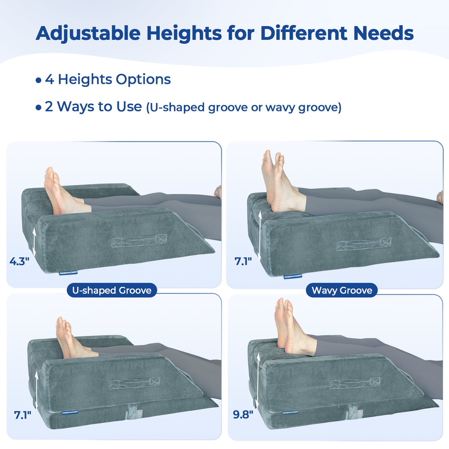KingPavonini 4-Height Adjustable Leg Elevation Pillows for After Surgery with Ergonomic Curve, Memory Foam Leg Support Pillow for Legs, Back Pain Relief, Wedge Pillow for Sleeping, Rest (Double Leg)