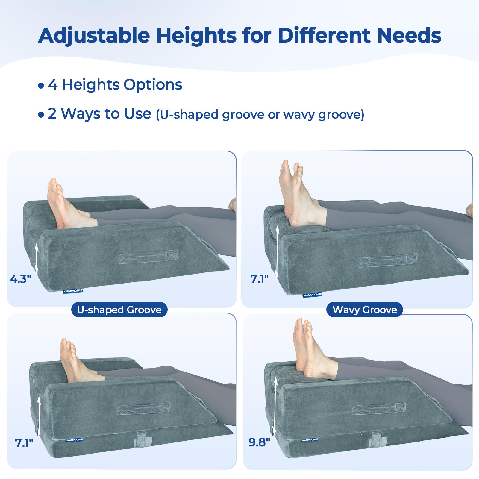 KingPavonini 4-Height Adjustable Leg Elevation Pillows for After Surgery with Ergonomic Curve, Memory Foam Leg Support Pillow for Legs, Back Pain Relief, Wedge Pillow for Sleeping, Rest (Double Leg)