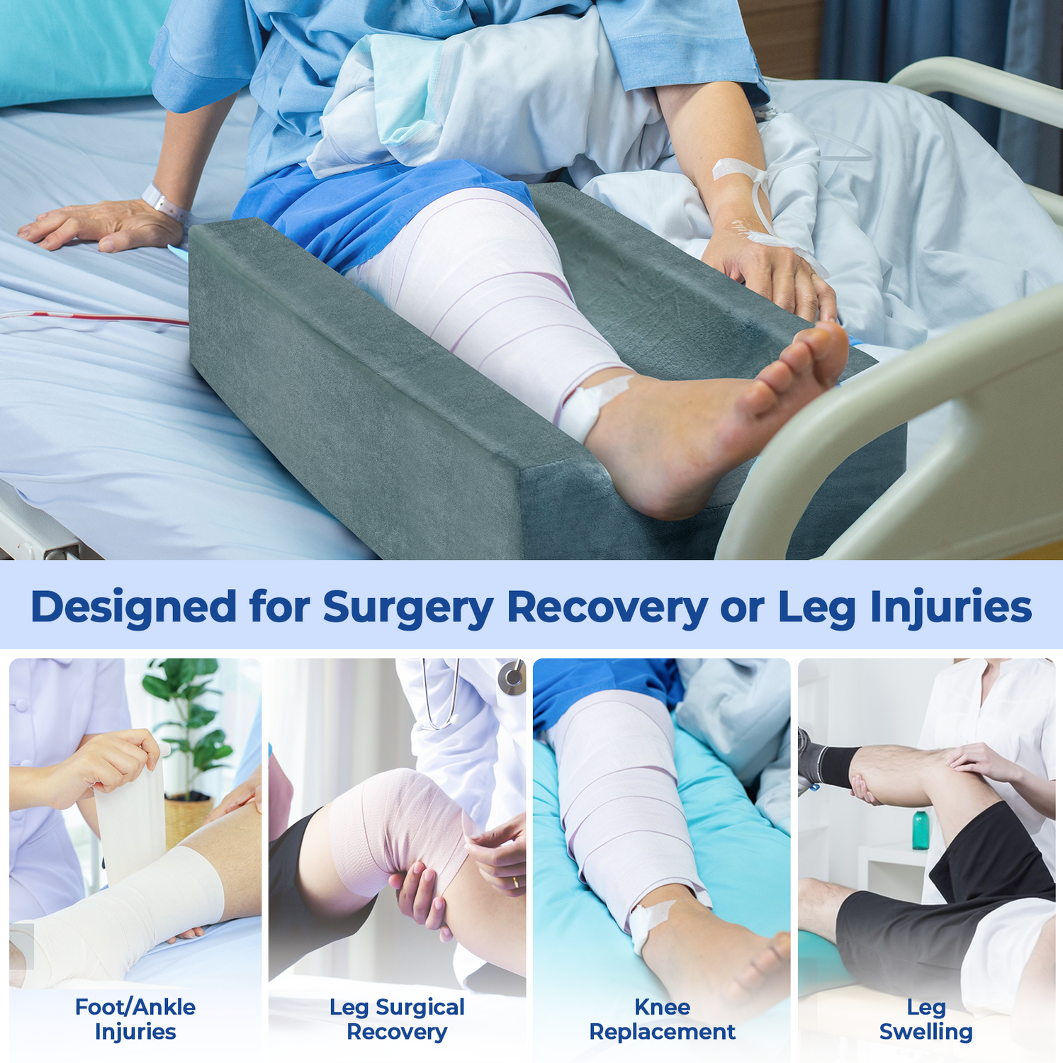 KingPavonini 4-Height Adjustable Leg Elevation Pillows for After Surgery with Ergonomic Curve, Memory Foam Wedge Pillow for Legs Swelling and Pain Relief, Knee Replacement Recovery Aids (Single Leg)