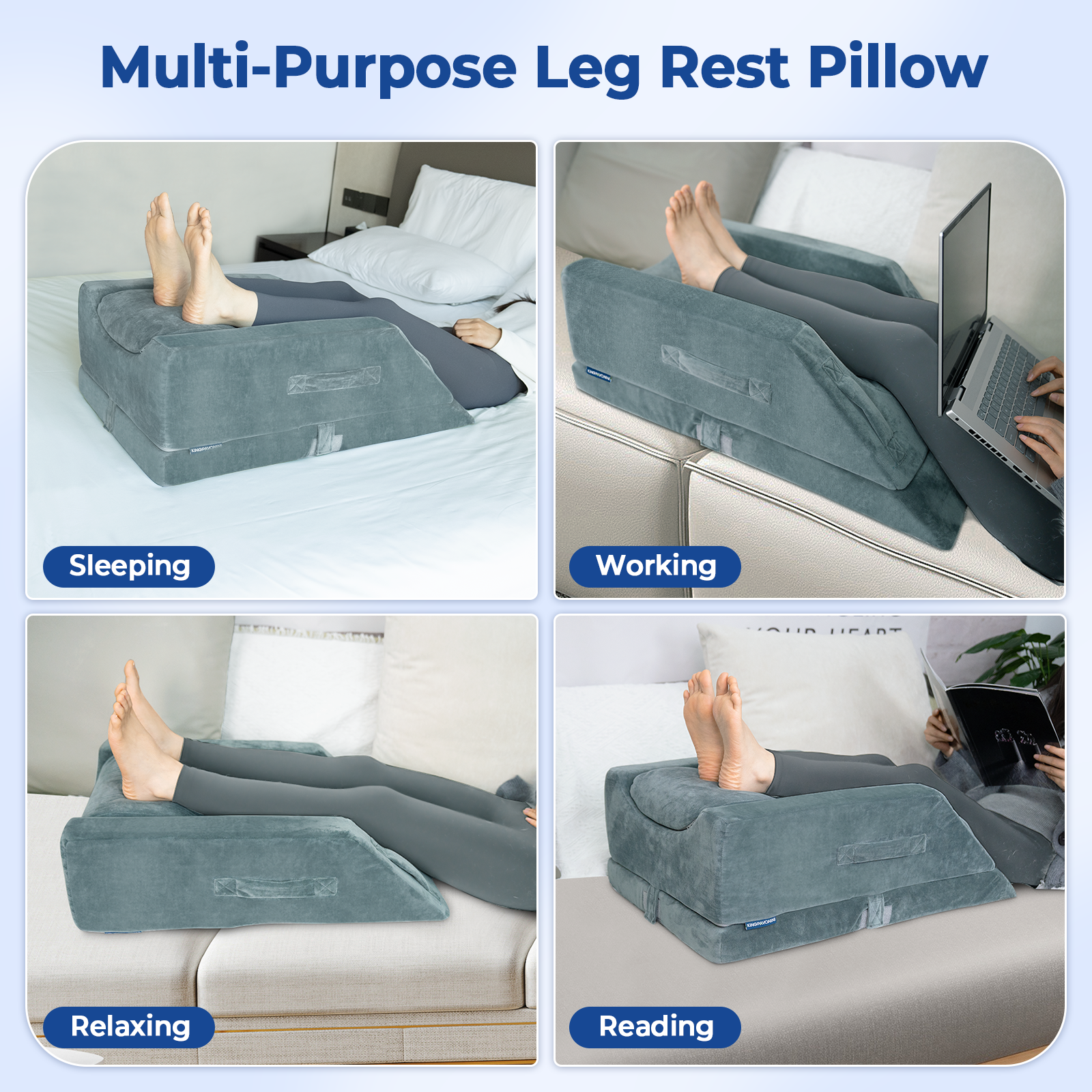 KingPavonini 4-Height Adjustable Leg Elevation Pillows for After Surgery with Ergonomic Curve, Memory Foam Leg Support Pillow for Legs, Back Pain Relief, Wedge Pillow for Sleeping, Rest (Double Leg)