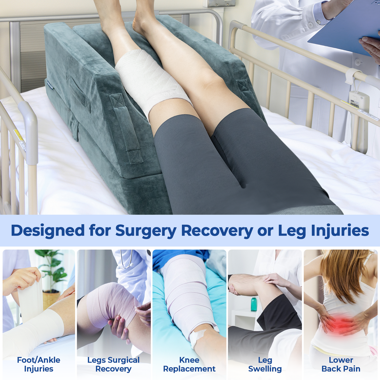 KingPavonini 4-Height Adjustable Leg Elevation Pillows for After Surgery with Ergonomic Curve, Memory Foam Leg Support Pillow for Legs, Back Pain Relief, Wedge Pillow for Sleeping, Rest (Double Leg)