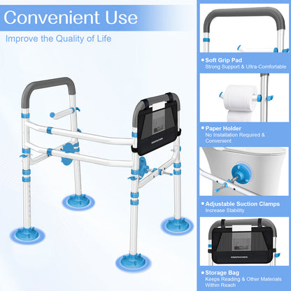 KingPavonini Toilet Safety Rail (350 LB) - Adjustable Foldable Toilet Safety Frame for Elderly and Disabled - Stand Alone Toilet Rails for Seniors with Storage Bag &amp; Paper Holder - Fits Most Toilets