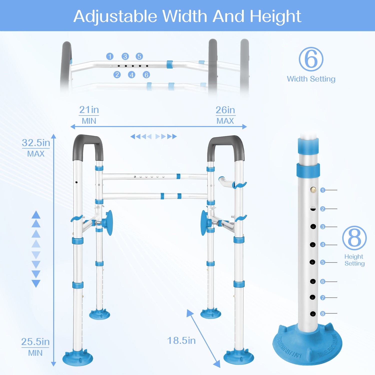 KingPavonini Toilet Safety Rail (350 LB) - Adjustable Foldable Toilet Safety Frame for Elderly and Disabled - Stand Alone Toilet Rails for Seniors with Storage Bag &amp; Paper Holder - Fits Most Toilets