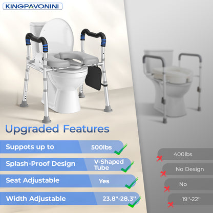 KingPavonini Raised Toilet Seat with Handles for Elderly, 500 lbs Capacity Adjustable Height &amp; Width, Toilet Seat Risers for Seniors, Handicap &amp; Pregnancy Bathroom Safety, Fits Any Toilet